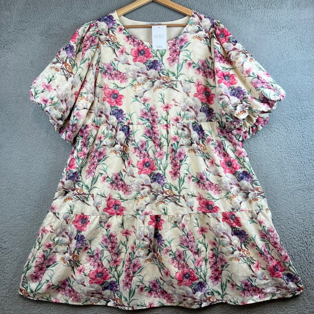 New Polagram Henly Women Floral Puff Sleeve Tiered Babydoll Mini Dress Pink  2XL